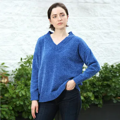 Truedames Solid Color V Neck Sweater Top In Blue