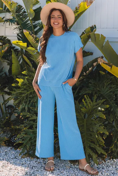 Truedames Solid Corded Knit Short Sleeve T Shirt And Wide Leg Pants Set In Blue