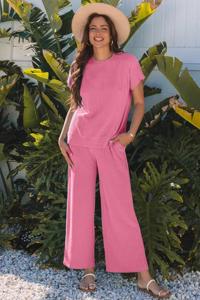 Truedames Solid Corded Knit Short Sleeve T Shirt And Wide Leg Pants Set In Pink
