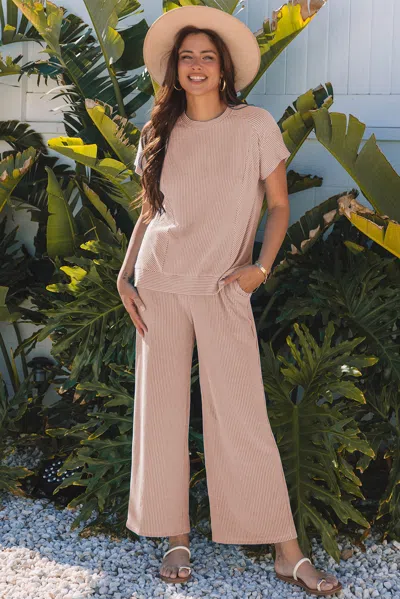 Truedames Solid Corded Knit Short Sleeve T Shirt And Wide Leg Pants Set In Pink