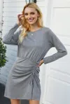 Truedames Solid Crew Neck High Waist Drawstring Dress In Gray