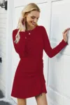 Truedames Solid Crew Neck High Waist Drawstring Dress In Red