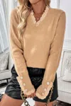Truedames Solid Crew Neck Lace Trim Button Pullover Sweater In Brown