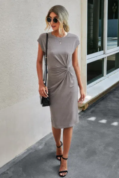 Truedames Solid Crewneck Short Sleeve High Waisted Fit Midi In Gray