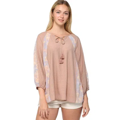 Truedames Solid Crinkle And Print Mix Raglan Sleeve Top With Tassel Tie In Multi