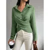 Truedames Solid Crossed Button Long Sleeve Blouse In Green
