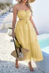 Truedames Solid Cut Out Ruched Spaghetti Strap Tiered Dress In Yellow