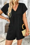 Truedames Solid Deep V Neck Drop Shoulder Loose Pockets Romper In Black