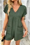 Truedames Solid Deep V Neck Drop Shoulder Loose Pockets Romper In Green