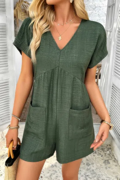 Truedames Solid Deep V Neck Drop Shoulder Loose Pockets Romper In Green