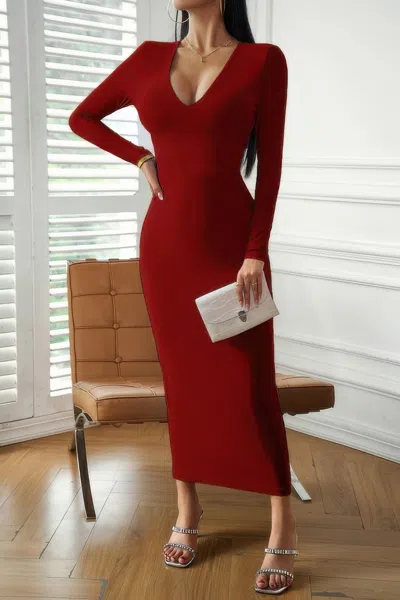 Truedames Solid Deep V Neck Elastic Slim Fit Midi Dress In Burgundy