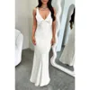 Truedames Solid Deep V Neck Low Back High Waist Full Dress In White