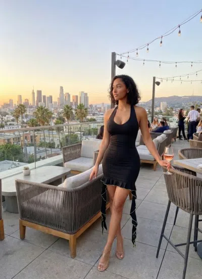 Truedames Solid Deep V Neck Mini Dress With Ruffle In Black