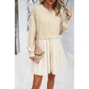 Truedames Solid Drop Shoulder Ruched Fit Patchwork Dress In Sand