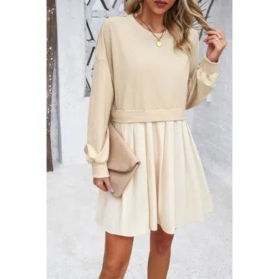Truedames Solid Drop Shoulder Ruched Fit Patchwork Dress In Sand