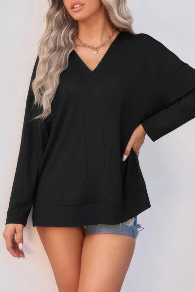 Truedames Solid Drop Shoulder V Neck Split Long Sleeve Blous In Black