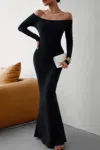 Truedames Solid Elastic Off Shoulder Bodycon Long Sleeve Dress In Black