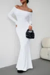 Truedames Solid Elastic Off Shoulder Bodycon Long Sleeve Dress In White
