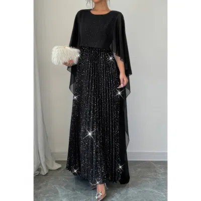 Truedames Solid Elegant Sequin Satin Knit Party Long Dress In Black