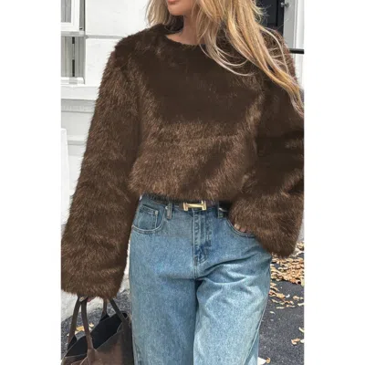 Truedames Solid Faux Fur Back Hide Zipper Pullover Coat In Brown