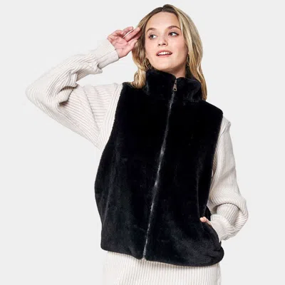 Truedames Solid Faux Fur Front Pockets Vest In Black