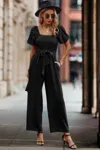 Truedames Square Neck Puff Sleeve Belted Fit Jumpsuit In Black
