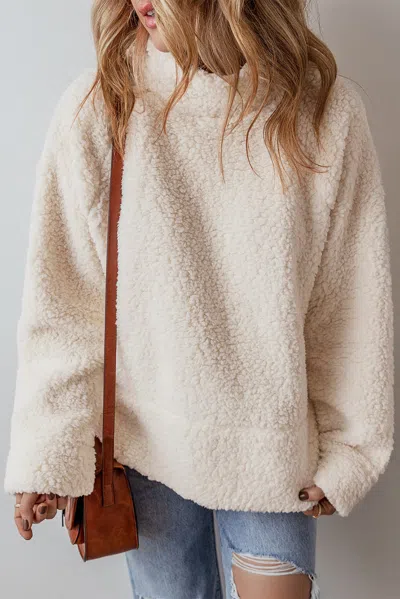 Truedames Solid Fleece High Neck Drop Shoulder Pullover Sweatshirt In White