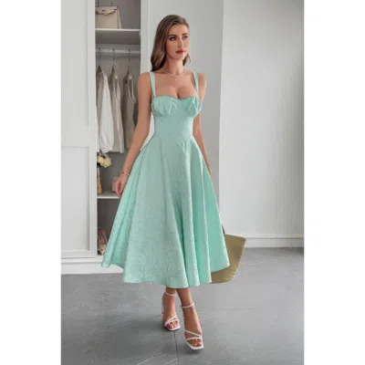 Truedames Solid Floral Jacquard Lace High Waist Dress In Green