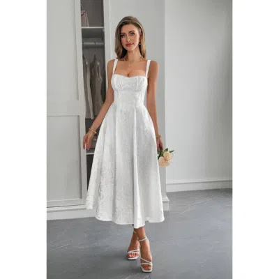 Truedames Solid Floral Jacquard Lace High Waist Dress In White