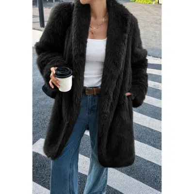 Truedames Solid Fluffy Faux Fur Shaggy Long Body Outwear In Black