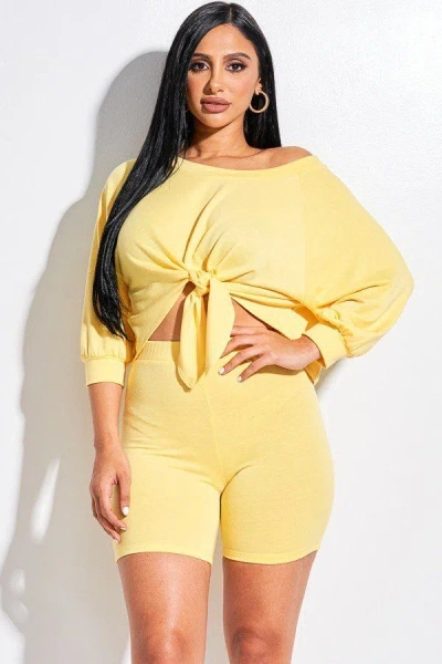 Truedames Solid French Terry Tie Front Off The Shoulder Slouchy Top And Shorts Two Piece Set In Yellow