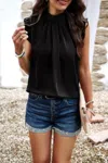 Truedames Solid Frill Trim Mock Neck Sleeveless Tunic Blouse In Black