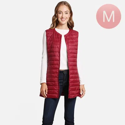 Truedames Solid Front Pockets Light Long Puffer Button Vest In Pink