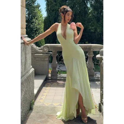 Truedames Solid Halter Deep V Backless Maxi Tulle Dress In Green