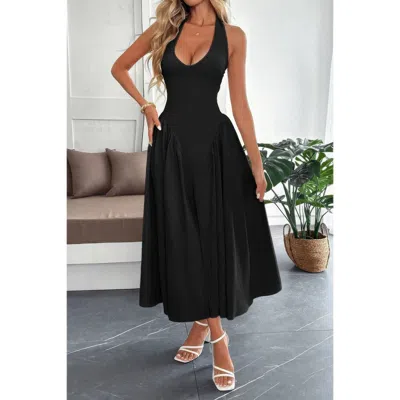 Truedames Solid Halter Hide Back Zipper Midi Sundress In Black