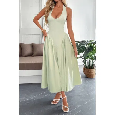 Truedames Solid Halter Hide Back Zipper Midi Sundress In Green