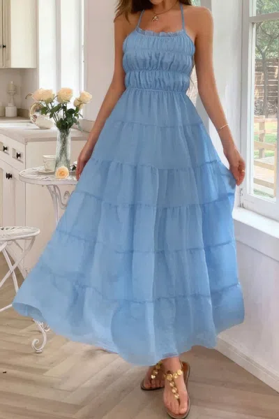Truedames Solid Halter Ruched Textured Tiered Full Dress In Blue