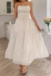 Truedames Solid Halter Ruched Textured Tiered Full Dress In White