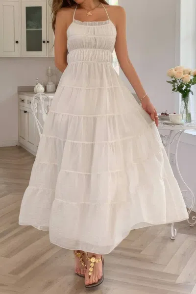 Truedames Solid Halter Ruched Textured Tiered Full Dress In White