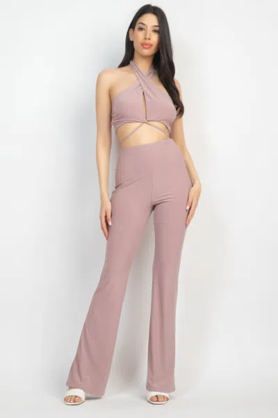 Truedames Solid Halter Top And Elastic Leggings Set In Brown