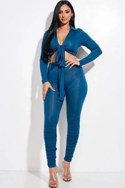 Truedames Solid Heavy Rayon Spandex Collared Tie Front Top And Ruched Pants Two Piece Set In Blue