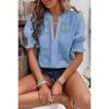 Truedames Solid Hollow Out Ruffle Hem V Neck Loose Blouse In Blue