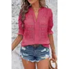 Truedames Solid Hollow Out Ruffle Hem V Neck Loose Blouse In Pink