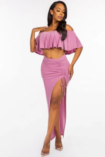 Truedames Solid Ity Off The Shoulder Ruffled Cropped Top And Ruched Maxi Skirt Two Piece Set In Pink