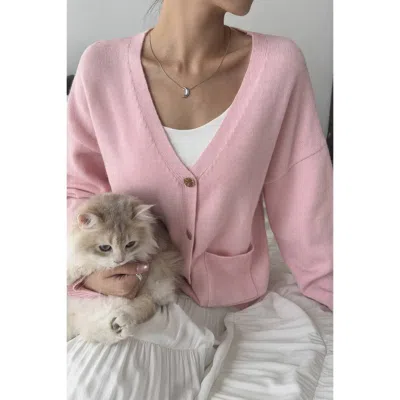 Truedames Solid Knit Button Down Pocket Loose Sweater In Pink