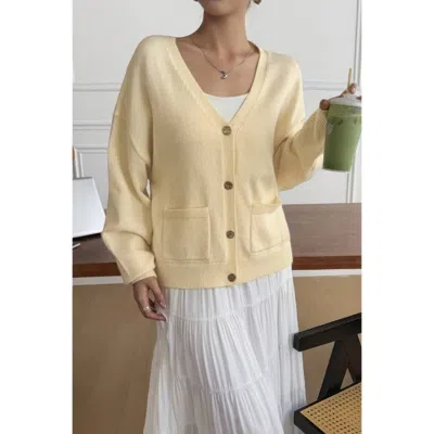 Truedames Solid Knit Button Down Pocket Loose Sweater In Yellow
