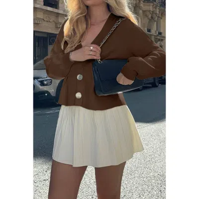 Truedames Solid Knit Button Up V Neck Knit Cardigan In Brown