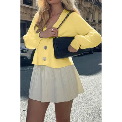 Truedames Solid Knit Button Up V Neck Knit Cardigan In Yellow