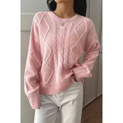 Truedames Solid Knit Crewneck Long Sleeve Loose Sweater In Pink