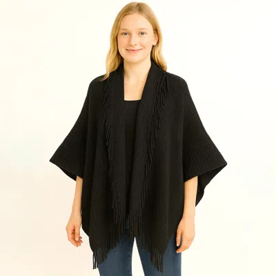 Truedames Solid Knit Fringe Trim Cocoon Shawl In Black